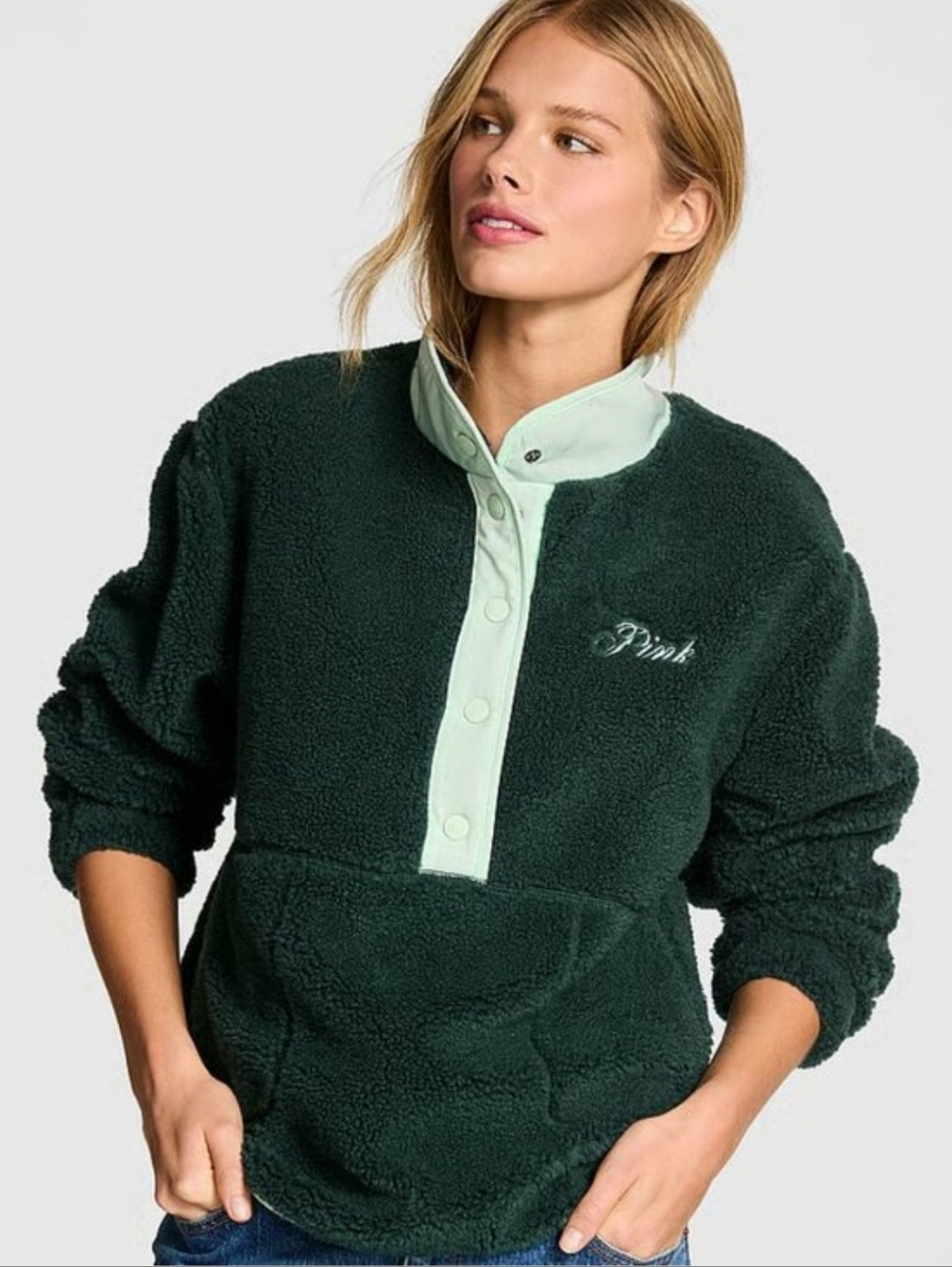 🌟💚 VICTORIA'S SECRET PINK Dark Green Plush Teddy Front Snap Pullover 💚🌟